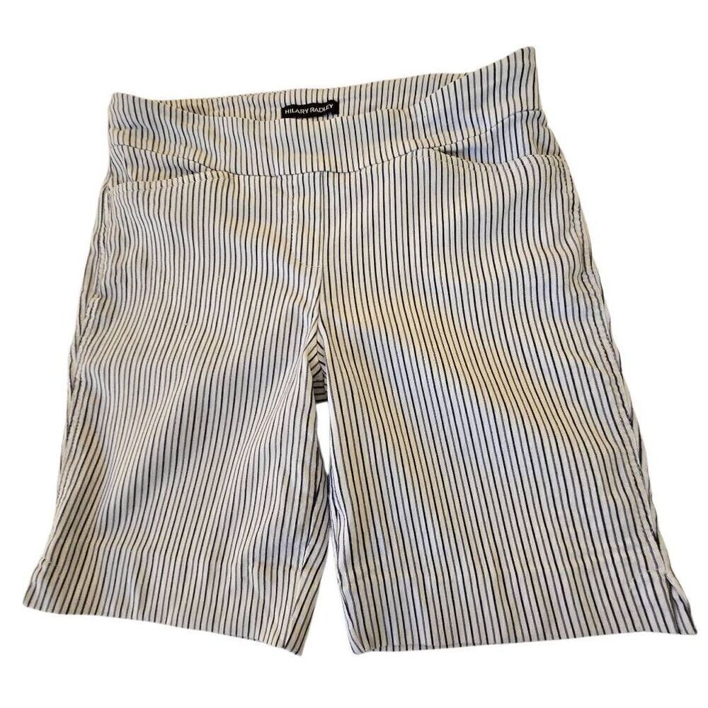 Hilary Radley Womens Pinstripe Stretch Pull-on Bermuda Shorts Blue White Medium